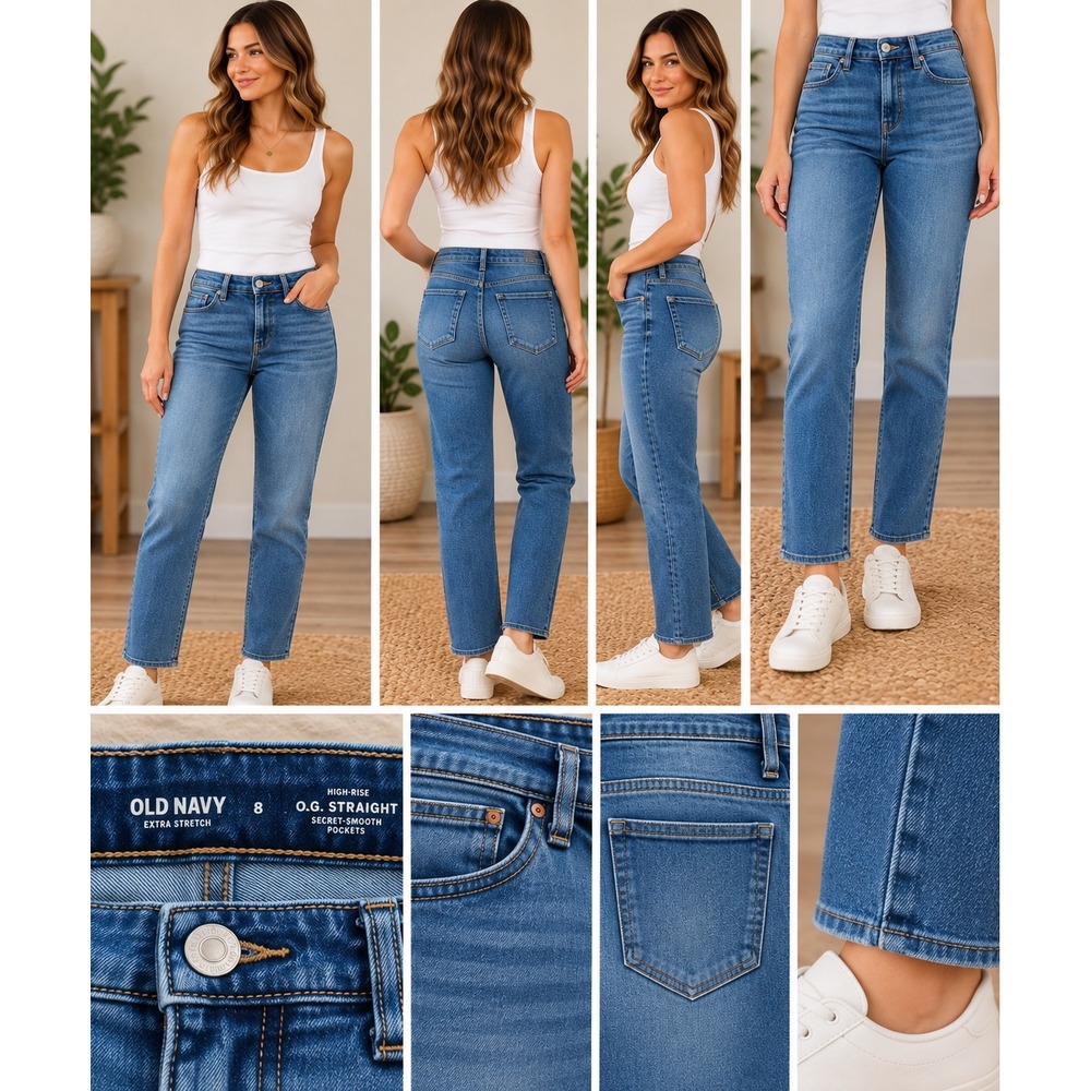 Old Navy O.G. Straight Jeans Size 8 High Rise Extra Stretch Medium Wash Denim